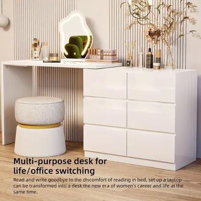 Image de Table de maquillage - Coiffeuse - Table de toilette - Meuble de maquillage - Bureau de maquillage - Blanc - 6 tiroirs de rangement