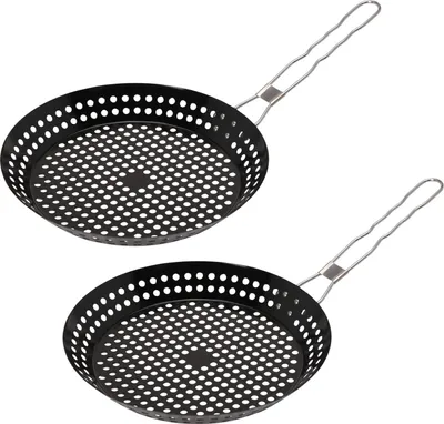 Produktbild von 2er Set BBQ Grillpfanne Ø30 cm Grill Gemüsepfanne Lochpfanne Edelstahl Bratpfanne Grillkorb Grillschale Mit Einklappbarem Griff
