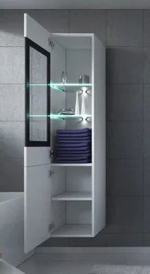 Obrázek produktu pro Lesklá bílá vysoká koupelnová skříňka, 131 cm