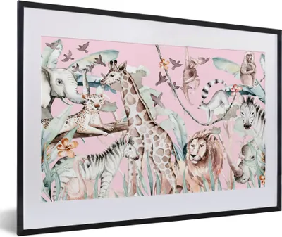 Produktbild von MuchoWow® MuchoWow® Gerahmtes Poster Wasserfarben - Tiere - Dschungel - Rosa - Mädchen - Kinder - Kinder 60x40 cm - Poster mit zchwarzem Bilderrahmen - Schlafzimmer - Plakat in Rahmen - Drucken