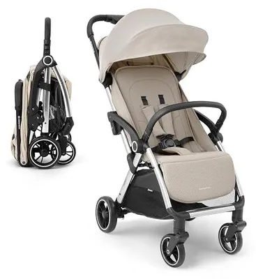Imagen del producto de Cochecito para bebé EDEN, tipo buggy de viaje, apto para niños de hasta 22 kg, ligero (7,1 kg), compacto y plegable con una mano, incluye protector para la lluvia, color beige