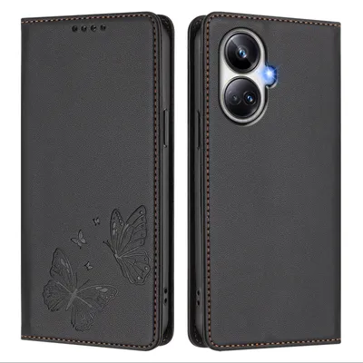 Produktbild von Lederhülle für Realme 10 Pro+, Schmetterling Prägung Leder Brieftasche Schutzhülle mit Ständer Schwarz