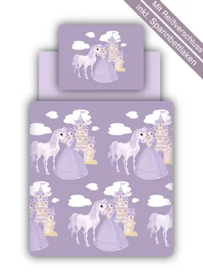 A flat lay image of children's bedding with a princess and unicorn theme.