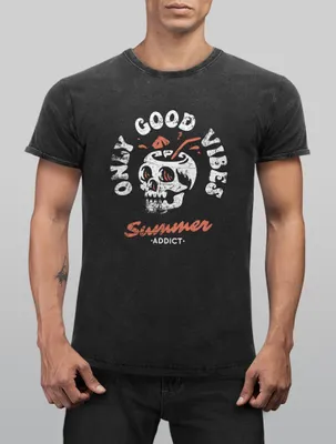 Produktbild von Herren Vintage Shirt Totenkopf Schrift Only Good Vibes Skull Summer Sommer Printshirt Aufdruck Used Look Neverless® schwarz S