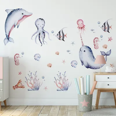 Produktbild von Muralo Wandtattoo Wandsticker für Kinder bunte Meerestiere Aquarell Aufkleber 120x60cm