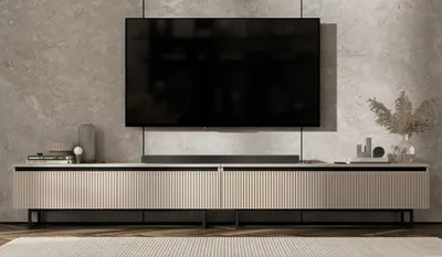 Produktbild von TV-Ständerschrank SELENE von Lindner Möbel – viertürig – 280 x 44 x 35 cm - Farbe: Kaschmir matt -  schwarze Metallrahmen