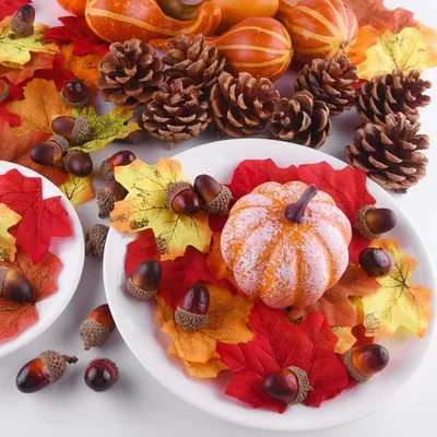 Produktbild von 96 Stück herbstliche Dekorationen Kunstmini-Kürbisse-Tannenzapfen-Herbstblätter-Eicheln-Thanksgiving-Halloween-Partyartikel