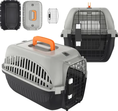 Produktbild von XMTECH Transportbox für Hunde & Katzen, Tiertransportbox Kleintierbox aus Kunststoff, Kaninchen Katzen transportboxen 48 x 32 x 32 cm, Schwarz - Grau