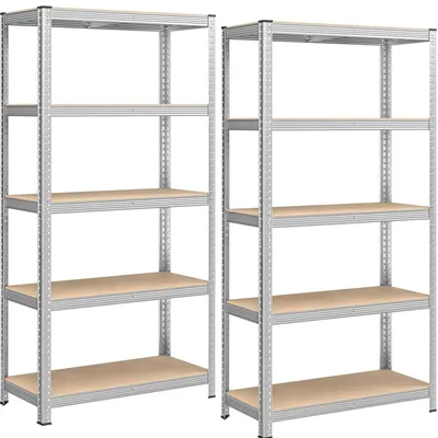 Image de Lot de 2 étagères de rangement - Étagère métallique à 5 niveaux - 40 x 90 x 180 cm - Tablettes réglables - Pour garage et débarras - Argent