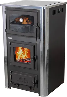 A wood-burning stove with an oven and stovetop.