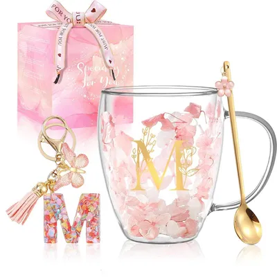 Produktbild von Doppelwandige Latte Macchiato Gläser mit Initial M, getrockneten Blumen, Löffel & Schlüsselanhänger, 280ml, Glas