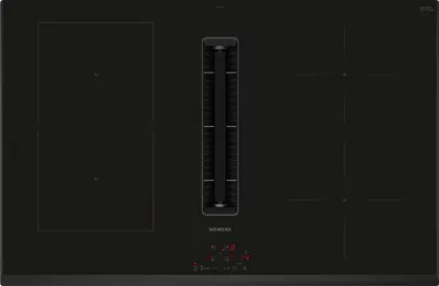 A top-down view of a black induction hob with an integrated extractor fan.