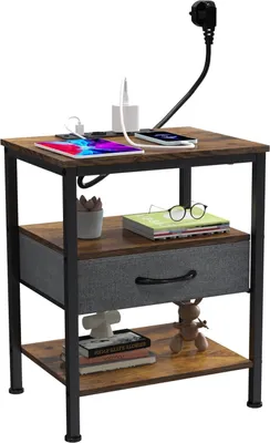 Produktbild von Beistelltisch mit Steckdosenleiste,Schmaler Nachttisch mit 2 Schubladen,Sofatisch,Nachtschrank für kleine Räume,Wohnzimmer, Schlafzimmer 40x30x60cm