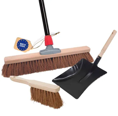Produktbild von Novaliv Kokosbesen Besen mit Stiel 50 cm Kokosborsten inkl. Kehrgarnitur schwarz bestehend aus Kehrblech und Handfeger Besen Naturborsten Ideal als Werkstattbesen Hallenbesen mit Stiel Industriebesen
