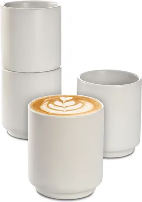 Produktbild von Cappuccino Tassen Keramik Weiß 4er Set - Stapelbares Design - Spülmaschinenfest - Dickwandig (200ml)