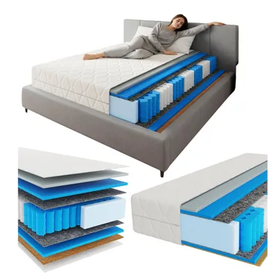 A woman lying on a mattress, with cutaway views showing the internal layers of the mattress.