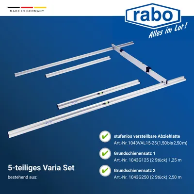 Image de gabarit de remblayage à sec rabo 5 pièces : 2 rails de base (1,25m et 2,50m), 2 lattes d'extraction réglables en continu (1,50-2,50m) 'Kit Varia-A