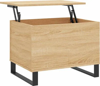 A light brown wooden coffee table with a lift-top mechanism and black metal legs, shown against a white background.