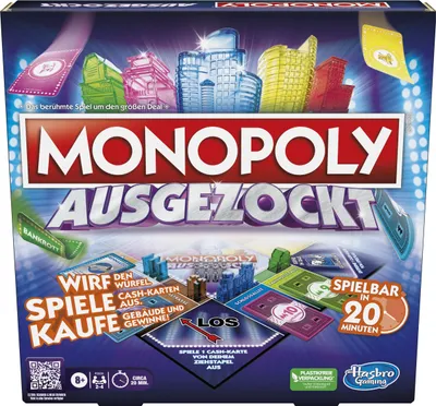 The image shows the front of a Monopoly Ausgezockt board game box, featuring colorful graphics of buildings and game elements.