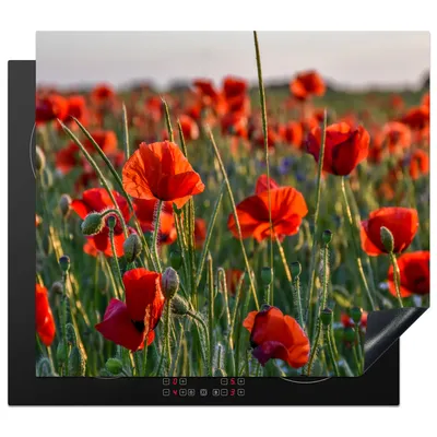 Obrázek produktu pro KitchenYeah® Krycí deska na sporák mák - červená - zelená - květiny, 59x52cm, dekorace do kuchyně, keramická krycí deska na varnou desku, krycí deska na varnou desku