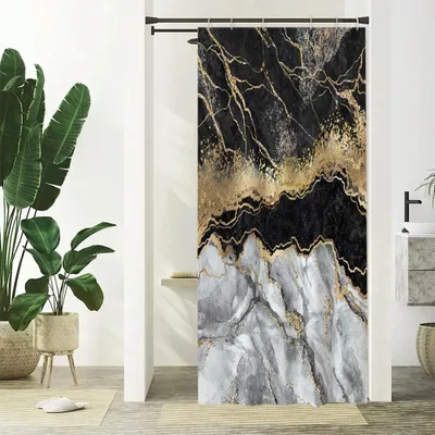 Produktbild von Schmaler Duschvorhang 90 x 180 cm, schwarz-goldene Marmoroptik, schimmelresistenter, moderner grauer Marmor-Duschvorhang, waschbar und wasserdicht, mit 6 Haken für das Badezimmer