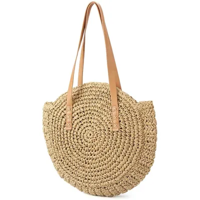 Produktbild von Stroh Handtasche Sommer Strandtasche Runde Vintage Handarbeit Umh?ngetasche Kreis B?hmische Handgewebt Schultertaschen für Frauen Reisen Urlaub Freizeit Geflochten Tasche