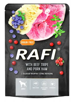 Zdjęcie produktu dla RAFI Mokra karma z żołądkami wołowymi, szynką wieprzową i borówką 10 x 500g