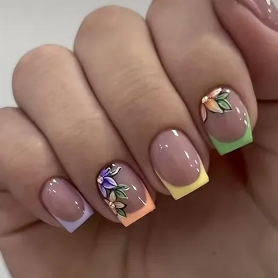 Produktbild von GKA Künstliche Fingernägel 24p G43 zum Aufkleben press on Nails Klebepads bunt Blumen mit Kleber und Nagelfeile Nägel Kunstnägel Express Nagelstudio