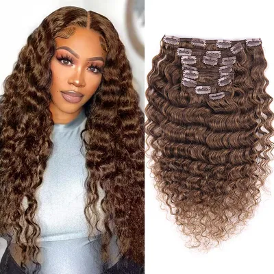 Immagine prodotto di Extension per capelli naturali, riccia molto, 45 cm, 120g, 8 pezzi, marrone scuro