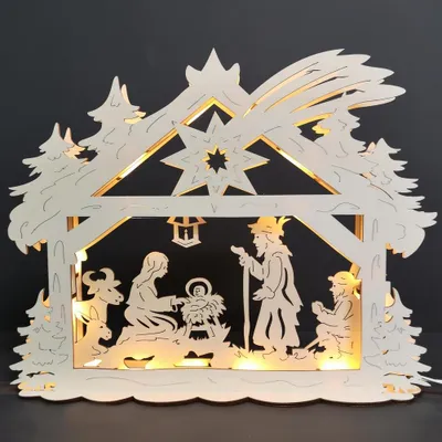 Produktbild von Beleuchtetes Holzportal mit Krippenmotiv, 43x36x9 cm