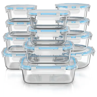 Image de Ensemble de 12 boîtes de conservation Arendo en verre borosilicaté avec couvercles étanches, de 320 à 1040 ml. Boîtes de conservation rondes, carrées et rectangulaires, de couleur bleue et transparentes