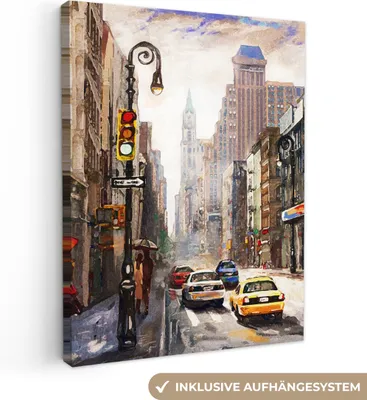 Produktbild von MuchoWow® - Leinwandbilder - Gemälde - Stadt - Auto - Öl, Wandbild, Wanddeko Bilder Wohnzimmer, 90x120cm