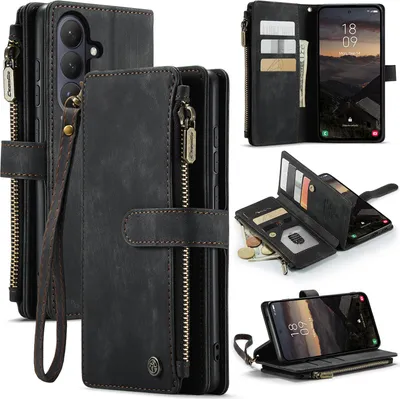 Immagine prodotto di Custodia in pelle per Samsung Galaxy S26, custodia inPoliuretanocon cerniera, chiusura magnetica, tasca per carte, supporto, custodia portafoglio nera