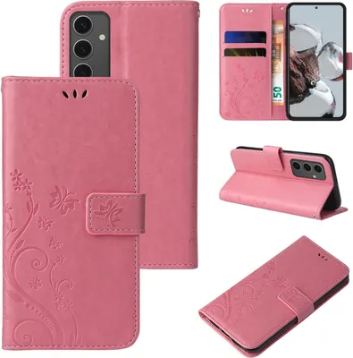 A collage of images showing a pink floral butterfly embossed flip phone case for a Samsung Galaxy S24 FE.