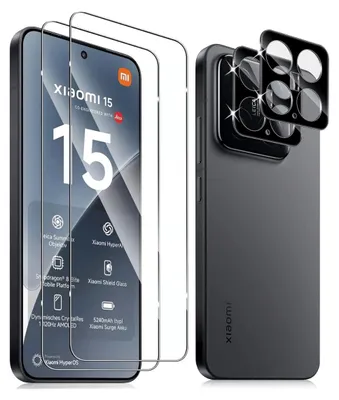 A display of a smartphone with screen protectors and camera lens protectors.