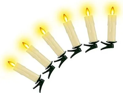 A set of clip-on LED candles with a warm glow, arranged diagonally against a white background.
