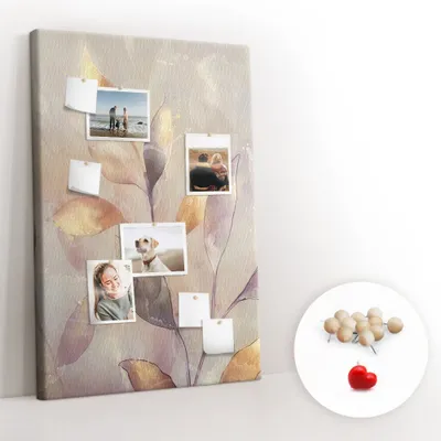Obrázek produktu pro Korková nástěnka s kolíčky - Tabule s kolíky pro fotografie a poznámky - 80x120 cm - Připínáčky dřevěné 100 kusů - Akvarelová rostlina