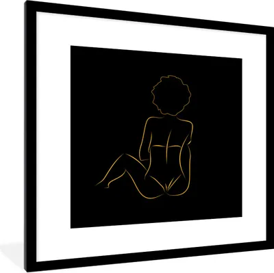 Produktbild von MuchoWow® Gerahmtes Poster Frau - Schwarz - Gold - Strichzeichnung 40x40 cm - Poster mit Schwarzem Bilderrahmen Wandposter Rahmen Foto Bilder - Poster - Plakat im Rahmen