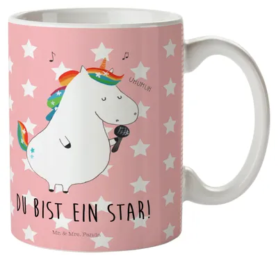 Produktbild von Mr. & Mrs. Panda Pott Einhorn Sänger - Rot Pastell - Geschenk, Trinklernbecher, Unicorn, Sängerin, Disco, Reisebecher, Camping Tasse, Geburtstag, Plastikbecher, Haferl