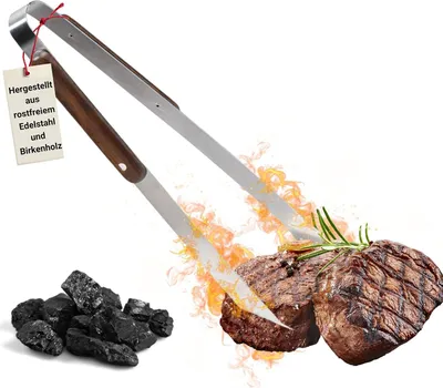 Imagen del producto de Pinza para parrilla de acero inoxidable, de 33 cm, con mango de madera, para uso en la cocina