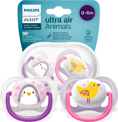 A product shot of Philips Avent Ultra Air Animals pacifiers in their packaging.