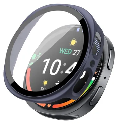 A dark blue protective case with a clear screen protector is shown on a smartwatch.