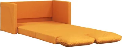 An orange sofa bed is shown in an unfolded state against a white background.
