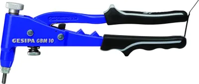 A blue and black rivet gun is shown against a white background.