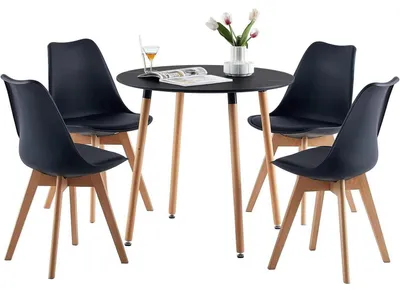 Produktbild von Runder Esstisch 80x80x73 cm Schwarz Massivholzbeine Höhenverstellbar