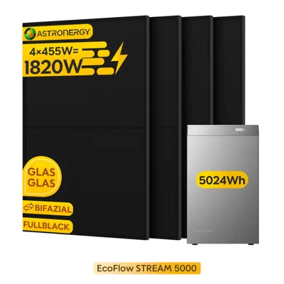Produktbild von Powerness® Balkonkraftwerk mit Speicher 5024Wh, Ecoflow Stream 5000 Speicher und 4 x 455W Full Black Bifaziale Solarmodule (0% MwSt)
