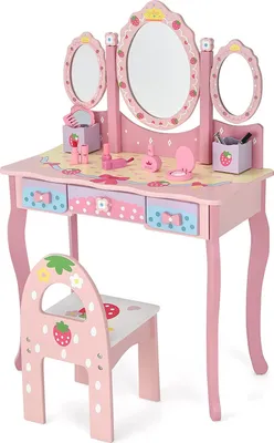 Produktbild von GOPLUS Kinder Schminktisch mit Stuhl, Frisiertisch-Set mit abnehmbarem Spiegel, 2 Aufbewahrungsboxen & 3 Schubladen