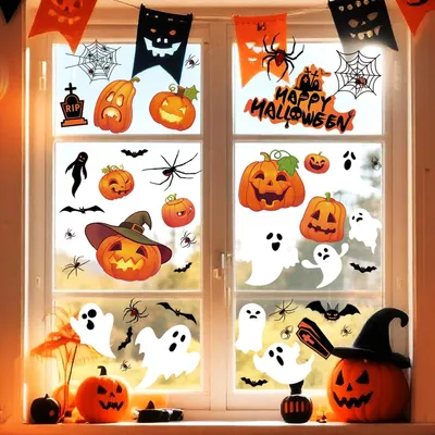 Productafbeelding van 40 stuks Halloween raamstickers: schattige pompoenen, boze geesten, spinnen, vleermuizen. Halloween raamdecoraties, stickers voor feestartikelen, geschikt voor binnen gebruik