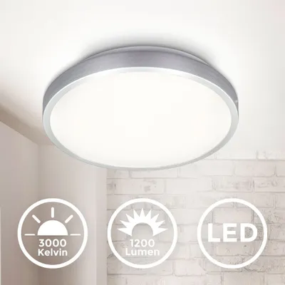 A ceiling light fixture is shown mounted on a white ceiling, with a brick wall in the background. Three circular icons with text and graphics are displayed in the foreground.