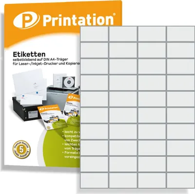 Zdjęcie produktu dla Uniwersalne etykiety Printation do oznaczania – 52,5 x 29,7 mm, samoprzylepne, białe, nadające się do zadruku – 4000 etykiet na 100 arkuszach A4 po 4 x 10 naklejek – 4461 LA111 3651